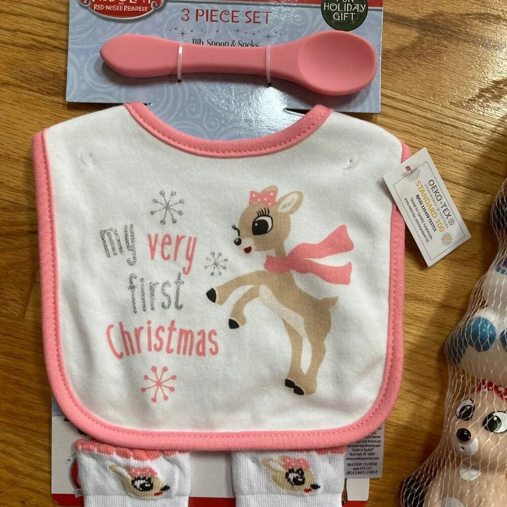 Rudolph Pink Trim 'My Very First Christmas' Baby Bib & Sock Set